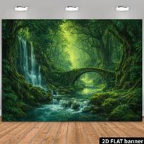 2D Magical Rainforest Party Backdrop, Tropical Waterfall & Mossy Bridge Background Decoration 47.2x31.5inch/120*80cm