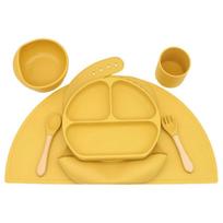 Baby Silicone Bib Divided Dinner Plate Suction Bowl Spoon Fork Water Cup Placemat Set Training Feeding Food Utensil Dish  Yellow mėlyna