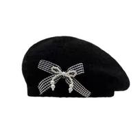 Autumn Winter Knitted Beret Hat Korean Style Women Painter Cap Solid Color Bow Beret Hat  Ladies juoda