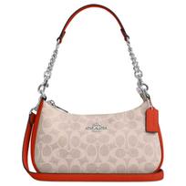 COACH Teri 24 brand logo coated canvas crossbody shoulder bag medium size women's sand color with dark orange oranžinė