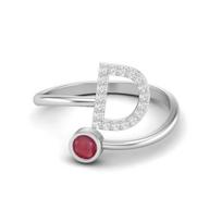 Capital D Initial Letter Ruby 925 Sterling Silver Women Adjustable Front Open Ring 5