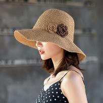 2024 Summer New Solid Floppy Straw Hats for Women Flower Accessories Ladies Summer Beach Sun Caps Panama Style Hat Bucket Hat 54-58cm chaki