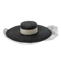 Fashion Custom Vintage Flat Top Black Straw Hats For Women Summer Lace Decoration Stage Catwalk Beach Hat Sun Visor High Quality juoda