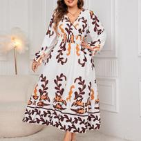 Women's Plus Size Loose Big Size New Print Long Sleeve V Neck Long Dress XL balta