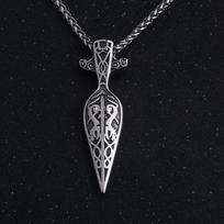 Nerūdijančio plieno vikingų ieties pakabukas - Odino runų amuleto vėrinys su vilkų galvomis ir pinta odine virvele skandinavų papuošalams Small single pendant