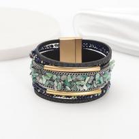 Women's Leather Bracelet Bohemian Style Handmade Gravel Wide Magnetic Buckle Wrist Strap Bangle