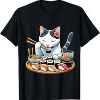 Cat with Sushi T Shirt Sushi Lover Tee S įvairiaspalvis