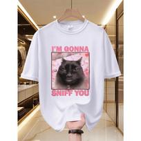 European sizes Men's T-Shirt I'M Gonna Sniff You Internet Celebrity Meme Fun Cat Print, Silly Cat Mischievous Text Versatile Top S balta