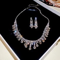 Water Drop Tassel Necklace Earrings Set Shiny Crystal Necklace Set Rhinestone Jewelry Set  Banquet sidabras