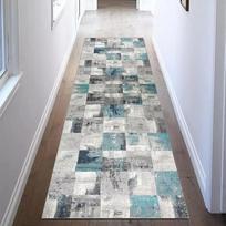 Modernus abstraktus geometrinis koridoriaus kilimas, turkio mėlynos ir pilkos spalvos, sendintas languotas ilgas kilimas įėjimui, neslystantis 40x120cm