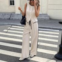 Chic Elegant Contrast Edge Summer Matching Suit for Women L smėlis