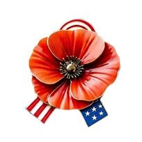 Memorial Poppy Flower Pin with Flag Detail Enamel Brooch Metal Badge for Commemoration and Remembrance of Service Members One Size