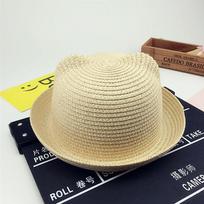 Cute Cat Ear Breathable Curved Brim Children's Summer Hat Sun Protection Caps Girl Cap Sun Hat Beach Hat Trave Paper Straw Hat 50-54 beige
