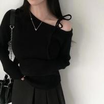 Autumn Winter Irregular Off Shoulder Sexy Sweater Ladies Lace-up Slim Fit Long Sleeve Knitted Women's Sweaters Solid Casual Female Jumpers Tops 30981 One Size juoda