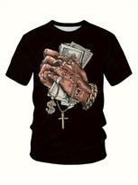 Praying For Money  Graphic Print Crew Neck Short Sleeve T-shirt For Men, Casual Summer T-Shirt For Daily Wear S armijos žalia spalva