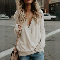 Women's Knitted Deep V-Neck Long Sleeve Wrap Front Loose Sweater Pullover Jumper XXL smėlis