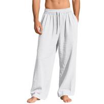 Men's Linen-Blend Drawstring Waist Wide Leg Pants with Side Pockets S balta