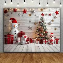 2D Christmas Snowman Scene Backdrop, White Wood & Red Gift Photography Background 47.2x31.5inch/120*80cm