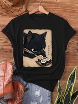 Kawaii Cat Eating Sushi print t-shirt, short sleeve crew neck casual top for summer & spring, Women's clothing S įvairiaspalvis