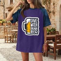 Casual Women Denim Patchwork Oktoberfest Graphic T Shirt Comfortable Short Sleeve Loose Fit Top for Daily Wear S violetinė