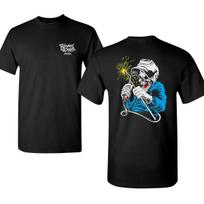 Skeleton Welder T-shirt with Arc Welding Torch Graphic and Blue Hoodie Detail S įvairiaspalvis