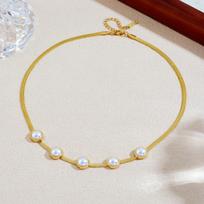 Gold Plated Stainless Steel Herringbone Chain Necklace with Inlaid Pearls for Women auksas
