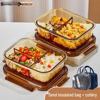 Hongzhu Glass Bento Box Set 1060ml Large 2-Compartment with Bag & Cutlery gintaras