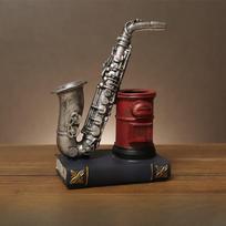 Vintage Book Style Resin Pen Holder Multifunctional Desktop Organizer For Home Office Saxophone Red