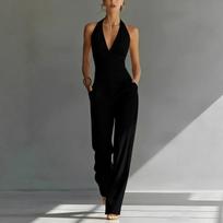 Women Neck Sleeveless Jumpsuit Wide Leg Backless Pants Outfit with Pockets for Evening Party Wear L juoda