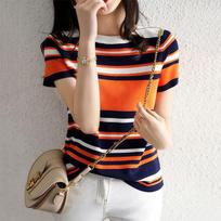 Ladies  Summer Striped Short-sleeved T-shirt Ladies Round Neck Contrast Color Sweater Loose Thin Top one Size oranžinė