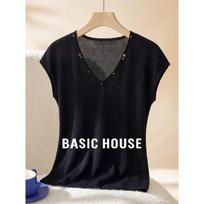 Basic House V-Neck Beaded Knit Top S abrikosas