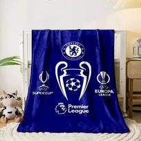 White football trophies with Chelsea FC crest on a blue background. for all seasons blanket lunch break throw gift 80cm x 120cm