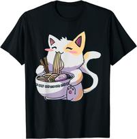 Ramen T-Shirt Cat Tshirt Kawaii Anime Tee Japanese Gift T-Shirt S įvairiaspalvis
