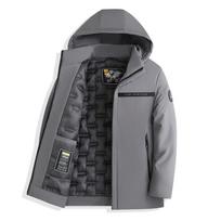 Plus Size With Hood Zip Up Mid Long Thick Warm Windproof Breathable Business Casual Jacket Outerwear for Men Winter Cold Weather 3XL pilka spalva