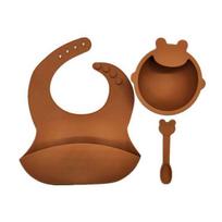 3 Pcs Baby Silicone Bib Sucker Bowl Spoon Set Training Feeding Food Dinner Plate  Brown