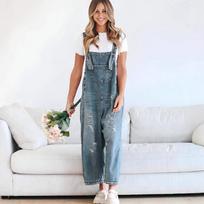 Moteriškos džinsinio audinio kombinezonai su plėšytu „Baggy Jean Jumpsuit Romper“ kelnės su kišenėmis gatvės aprangai XS tamsiai mėlyna spalva
