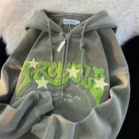 Fashion Women's Corduroy Zip-Up Hoodie Embroidered Letter & Star Detail Jacket S žalia