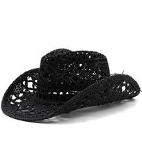 Curled Western Cowboy Cap Wide Brim Sun Hat Vintage Hollow Straw Hat  Women Men juoda