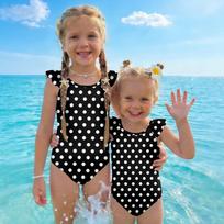 Girls One Piece Swimsuit Polka Dot Print Ruffle Sleeveless Swimwear Comfortable Fit Lightweight Fabric Suitable for Summer Beach Pool 90 juoda