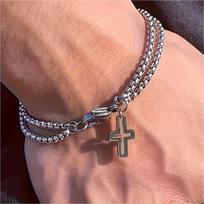Stainless Steel Cross Double Chain Bracelet, Hollow Layered Design, Trendy Retro Wrist Accessories for Men Women Casual 21cm