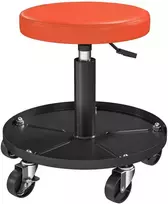 HOMCOM dirbtuvės taburetė su ratukais ir daiktadėže, reguliuojamo aukščio 38-50 cm, iki 135 kg apkrovos, besisukanti, apvali darbastalių sėdynė, Ø38 cm, oranžinė
