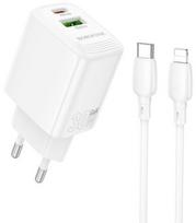 Baltas 30W 1xUSB-A + 1xUSB-C pakrovėjas + 100cm USB-C - Lightning laidas "Borofone BN29"