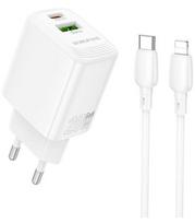 Baltas 20W 1xUSB-A + 1xUSB-C pakrovėjas + 100cm USB-C - Lightning laidas "Borofone BN27"