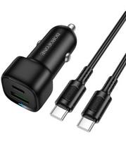 Juodas automobilinis 38W USB-C + USB-A pakrovėjas + 100cm USB-C - USB-C laidas "Borofone BZ34B"