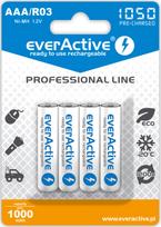 R03/AAA baterijos 1.2V everActive Professional linija Ni-MH 1050 mAh pakuotėje po 4GB.