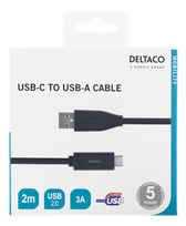 USB-C į USB-A laidas, 2m, 3A, USB 2.0, juodas DELTACO / USBC-1006M