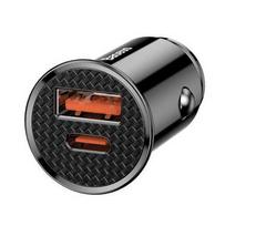 Apvalus plastikinis A+C 30W PPS automobilinis įkroviklis juodas