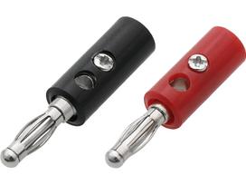 Banana plug with screw connection, red and black, plastic