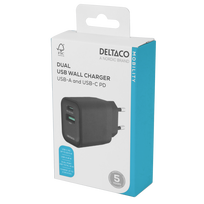 USB sieninis įkroviklis DELTACO, 1x USB-A 18 W, 1x USB-C PD 20 W, juodas/ USBC-AC153 / 1903152