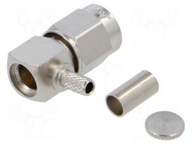Connector: SMA | plug | angled | 50Ω | crimped | PTFE | Contacts: brass